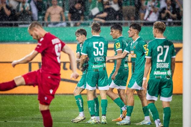 RAPID WIEN - WISLA KRAKOW Moritz Oswald, Dominic Vincze, Furkan Dursun, Noah Bischof of Rapid and XY of Wisla during the 2nd leg of Second qualifying round of the UEFA Europa League football match between SK Rapid Wien and Wisla Krakow. Vienna, Austria, August 01, 2024. Photo by Branislav Racko Vienna Copyright: xx 080A9669