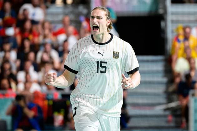 Paris, France Handball Men Preliminary Round Group A Germany Spain Juri Knorr Germany Cheers Joy Emotion Goal celebration Goalscorer Goalscorer Paris South Paris Arena 6 France