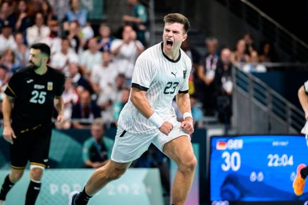 Paris, France Handball Men Preliminary Round Group A Germany Spain Renars Uscins Germany Cheers Joy Emotion Goal celebration Goalscorer Goalscorer Paris South Paris Arena 6 France
