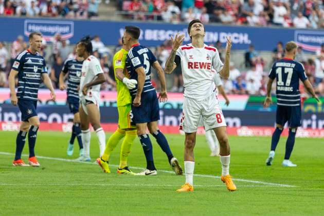 2 Soccer Bundesliga 1 FC Köln Hamburger SV, 02 08 2024 Denis Huseinbasic 1 FC Köln, 8 annoyed after a missed chance 2 Soccer Bundesliga, 1 FC Köln Hamburger SV, 1 Matchday, on 02 08 2024, RheinEnergie Stadion, Cologne DFL regulations prohibit any use of photographs as image sequences and or quasi video Copyright: xBEAUTIFULxSPORTS Meuselx