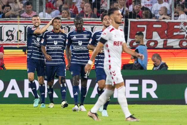 2 Soccer Bundesliga 1 FC Köln Hamburger SV, 02 08 2024 Cheering after the goal to 0 2 by Ransford Königsdörffer Hamburger SV, 11 2 Soccer Bundesliga, 1 FC Köln Hamburger SV, 1 Matchday, on 02 08 2024, RheinEnergie Stadion, Cologne DFL regulations prohibit any use of photographs as image sequences and or quasi video Copyright: xBEAUTIFULxSPORTS Meuselx