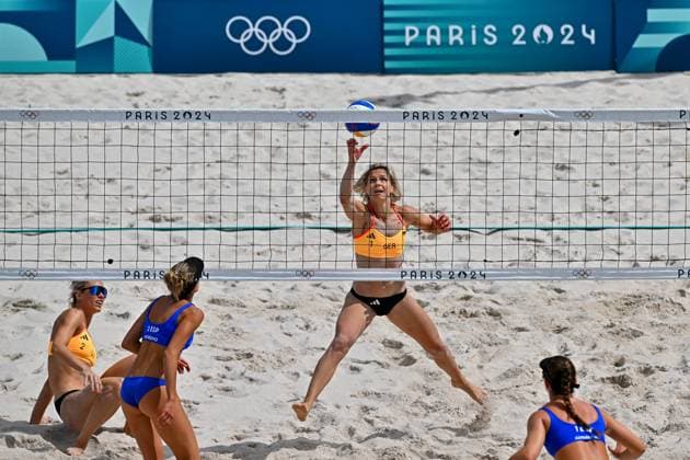 Olympic Games Beach Volleyball Paris 03 08 2024 Preliminary round, Women, GER ESP, Laura Ludwig 1, GER , Louisa Lippmann 2, GER , ESP left with Tania Moreno and right Daniela Alvarez, Copyright: xBEAUTIFULxSPORTS TomxBlochx