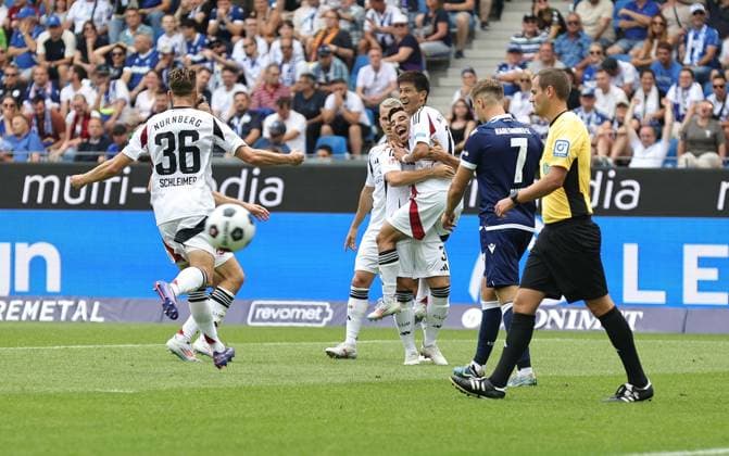 03 08 2024 Soccer Season 2024 2025 2 Soccer Bundesliga 01 Matchday Karlsruher SC KSC 1 FC Nürnberg FCN Club Sportfoto Zink DaMa xdaxmax DFL regulations prohibit any use of photographs as image sequences and or quasi video only for editorial use Jubel Freude Torjubel nach Tor zum 0 1 Kanji Okunuki 11, 1 FC Nürnberg FCN und Mannschaft Team jubelt freut sich Torschütze Kanji Okunuki 11, 1 FC Nürnberg FCN