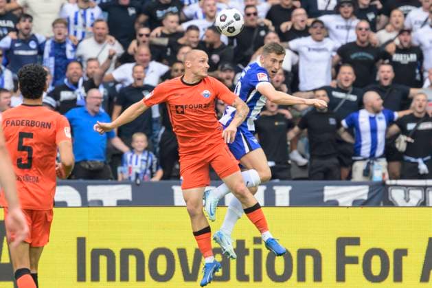 GER, Berlin, Football, Hertha BSC vs SC Paderborn, 2 Bundesliga, Olympiastadion, 03 08 2024, v l Sven Michel SC Paderborn 07 , Jonjoe Kenny 16 Hertha , duel, action, fight, fights for the ball, dfl dfb regulations prohibit any use of photographs as image sequences and or quasi video Copyright: HMBxMedia UwexKoch