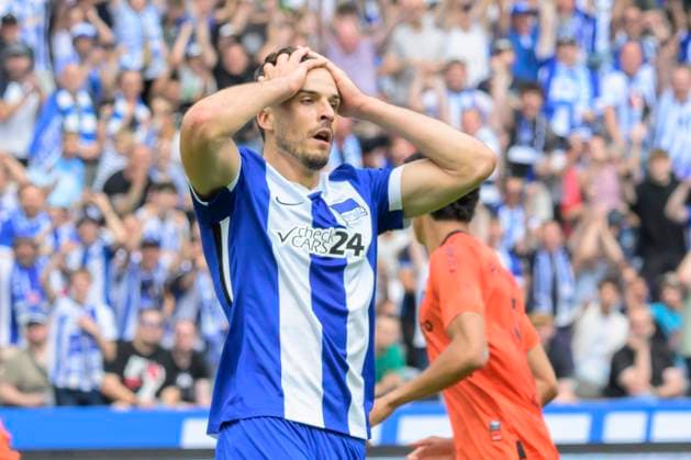 GER, Berlin, Football, Hertha BSC vs SC Paderborn, 2 Bundesliga, Olympiastadion, 03 08 2024, Haris Tabakovic Hertha 25 , takes a shot on goal, misses, sad, depressed, angry, dfl dfb regulations prohibit any use of photographs as image sequences and or quasi video Copyright: HMBxMedia UwexKoch