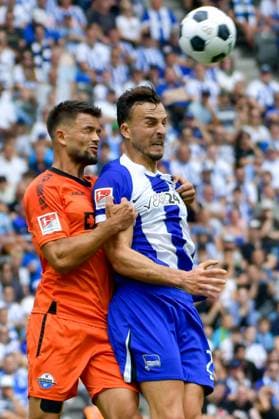 03 08 2024, xlakx, Soccer 2 Bundesliga, Hertha BSC Berlin SC Paderborn emspor, v l Visar Musliu SC Paderborn 07 ,Haris Tabakovic Hertha BSC ,duel, fight, tackle DFL DFB REGULATIONS PROHIBIT ANY USE OF PHOTOGRAPHS as IMAGE SEQUENCES and or QUASI VIDEO Daniel Lakomski JAN Huebner Berlin