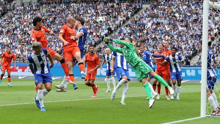 Sven Michel in a duel with Linus Gechter, goalkeeper Tjark Ernst Match scene Action Sport Football Soccer DFL 2 Bundesliga Men 1 Matchday Season 2024 2025 03 08 2024 Hertha BSC Berlin vs SC Paderborn SCP DFL regulations prohibit any use of photographs as image sequences and or quasi video