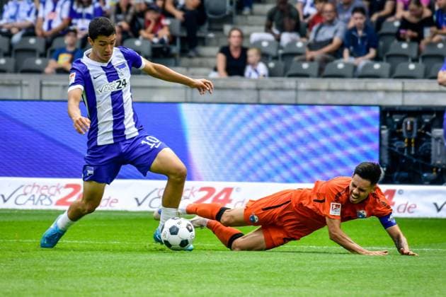 03 08 2024, xlakx, Soccer 2 Bundesliga, Hertha BSC Berlin SC Paderborn emspor, v l Ibrahim Maza Hertha BSC ,Raphael Obermair SC Paderborn 07 ,duel, duel, fight, tackle DFL DFB REGULATIONS PROHIBIT ANY USE OF PHOTOGRAPHS as IMAGE SEQUENCES and or QUASI VIDEO Daniel Lakomski JAN Huebner Berlin
