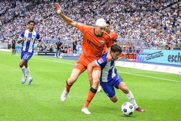 03 08 2024, xlakx, Soccer 2 Bundesliga, Hertha BSC Berlin SC Paderborn emspor, v l Filip Bilbija SC Paderborn 07 ,Diego Demme Hertha BSC ,duel, fight, tackle DFL DFB REGULATIONS PROHIBIT ANY USE OF PHOTOGRAPHS as IMAGE SEQUENCES and or QUASI VIDEO Daniel Lakomski JAN Huebner Berlin