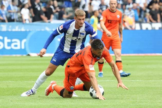DEU, DFL, 2 FBL, Hertha BSC vs SC Paderborn 07, 03 08 2024, Berliner Olympiastadion, Berlin, DEU, DFL, 2 FBL, Hertha BSC vs SC Paderborn 07, im Bild Michael Cuisance Hertha BSC Berlin 27 , Visar Musliu SC Paderborn 16 DFL regulations prohibit any use of Photographs as image sequences and or quasi video Foto Juergen Engler nordphoto GmbH nordphotoxGmbHx xEngler nph00076