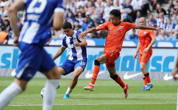 Ibrahim Maza scores the goal for 1 2, Santiago Castaneda duel Match scene Action Sport Soccer Football DFL 2 Bundesliga Men 1 Matchday Season 2024 2025 03 08 2024 Hertha BSC Berlin vs SC Paderborn SCP DFL regulations prohibit any use of photographs as image sequences and or quasi video