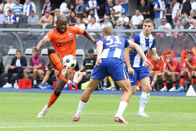 DEU, DFL, 2 FBL, Hertha BSC vs SC Paderborn 07, 03 08 2024, Berliner Olympiastadion, Berlin, DEU, DFL, 2 FBL, Hertha BSC vs SC Paderborn 07, in the picture Marton Dardai Hertha BSC Berlin 31 , Jonjoe Kenny Hertha BSC Berlin 16 , David Kinsombi SC Paderborn 8 DFL regulations prohibit any use of Photographs as image sequences and or quasi video Foto Juergen Engler nordphoto GmbH nordphotoxGmbHx xEngler nph00076