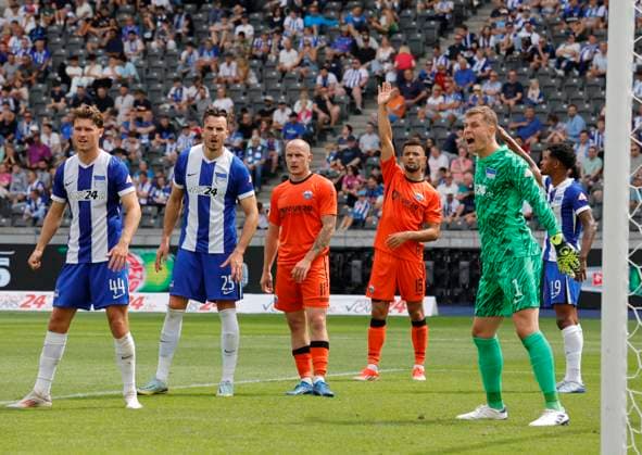 Germany, Berlin, Olympiastadion, Football, Men, Season 2024 2025, 2 Bundesliga 1 Matchday , Hertha BSC SC Paderborn, Photo Linus Gechter Hertha BSC , Haris Tabakovic Hertha BSC , Sven Michel, SC Paderborn, Visar Musliu, SC Paderborn, Tjark Ernst, Goalkeeper, Hertha BSC