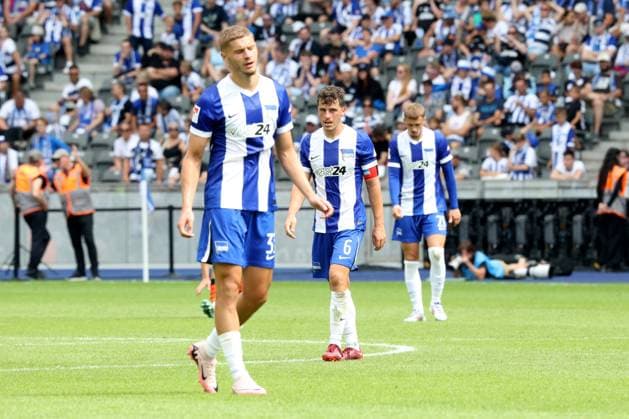 DEU, DFL, 2 FBL, Hertha BSC vs SC Paderborn 07, 03 08 2024, Berliner Olympiastadion, Berlin, DEU, DFL, 2 FBL, Hertha BSC vs SC Paderborn 07, in the picture Marton Dardai Hertha BSC Berlin 31 , Diego Demme Hertha BSC Berlin 6 , Michael Cuisance Hertha BSC Berlin 27 DFL regulations prohibit any use of Photographs as image sequences and or quasi video Foto Juergen Engler nordphoto GmbH nordphotoxGmbHx xEngler nph00076