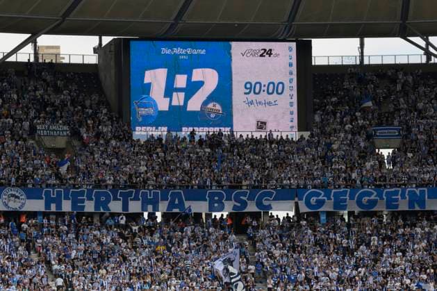 GER, Berlin, Football, Hertha BSC vs SC Paderborn, 2 Bundesliga, Olympiastadion, 03 08 2024, Final score after 90 minutes of play, 1 2, Hertha loses, dfl dfb regulations prohibit any use of photographs as image sequences and or quasi video Copyright: HMBxMedia UwexKoch