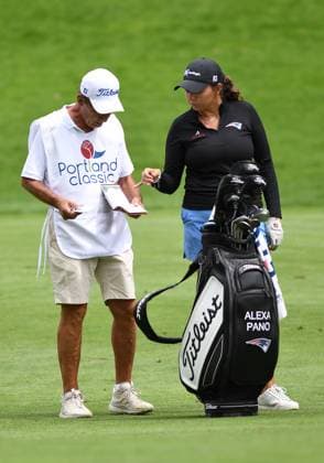 PORTLAND, OR - AUGUST 03: Alexa Pano checks the yardage with her caddie for her second shot on the 1st hole during the third round of the LPGA, Golf Damen Portland Classic on August 3, 2024 at Columbia Edgewater Country Club in Portland, Oregon. (Photo by Brian Murphy Icon Sportswire) GOLF: AUG 03 LPGA Portland Classic EDITORIAL USE ONLY Icon240803035