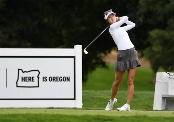 PORTLAND, OR - AUGUST 03: Grace Kim tees off on the 2nd hole during the third round of the LPGA, Golf Damen Portland Classic on August 3, 2024 at Columbia Edgewater Country Club in Portland, Oregon. (Photo by Brian Murphy Icon Sportswire) GOLF: AUG 03 LPGA Portland Classic EDITORIAL USE ONLY Icon240803110