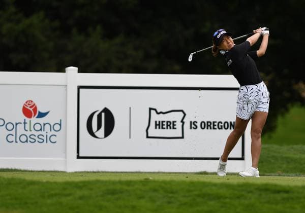 PORTLAND, OR - AUGUST 03: Jenny Shin tees off on the 2nd hole during the third round of the LPGA, Golf Damen Portland Classic on August 3, 2024 at Columbia Edgewater Country Club in Portland, Oregon. (Photo by Brian Murphy Icon Sportswire) GOLF: AUG 03 LPGA Portland Classic EDITORIAL USE ONLY Icon240803149