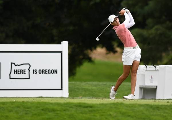 PORTLAND, OR - AUGUST 03: Dewi Weber tees off on the 2nd hole during the third round of the LPGA, Golf Damen Portland Classic on August 3, 2024 at Columbia Edgewater Country Club in Portland, Oregon. (Photo by Brian Murphy Icon Sportswire) GOLF: AUG 03 LPGA Portland Classic EDITORIAL USE ONLY Icon240803192