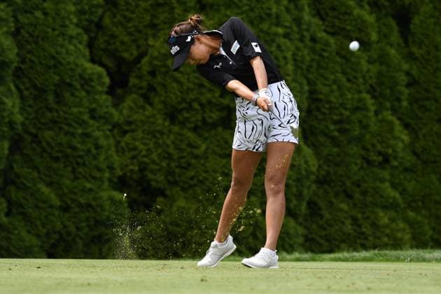 PORTLAND, OR - AUGUST 03: Jenny Shin tees off on the 8th hole during the third round of the LPGA, Golf Damen Portland Classic on August 3, 2024 at Columbia Edgewater Country Club in Portland, Oregon. (Photo by Brian Murphy Icon Sportswire) GOLF: AUG 03 LPGA Portland Classic EDITORIAL USE ONLY Icon240803406