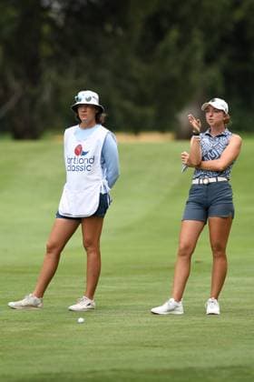 PORTLAND, OR - AUGUST 03: Polly Mack take to her caddie about their approach to her second shot on the 10th hole during the third round of the LPGA, Golf Damen Portland Classic on August 3, 2024 at Columbia Edgewater Country Club in Portland, Oregon. (Photo by Brian Murphy Icon Sportswire) GOLF: AUG 03 LPGA Portland Classic EDITORIAL USE ONLY Icon240803524