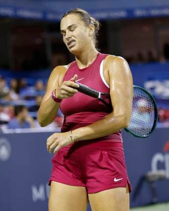 August 3, 2024: Aryna Sabalenka reacts to a point during the 2024 Mubadala Citi DC Open tennis tournament being played at Rock Creek Park Tennis Center in Washington, D.C. CSM District Of Columbia United States of America - ZUMAc04_ 20240803_zma_c04_369 Copyright: xJustinxCooperx