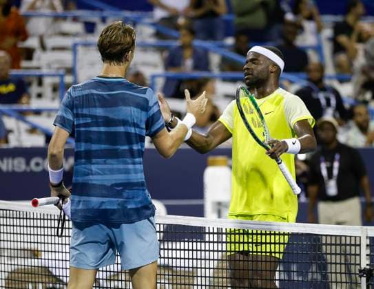 August 3, 2024: Sebastian Korda (USA) and Frances Tiafoe (USA) shake hands over the net during the 2024 Mubadala Citi DC Open tennis tournament being played at Rock Creek Park Tennis Center in Washington, D.C. CSM District Of Columbia United States of America - ZUMAc04_ 20240803_zma_c04_376 Copyright: xJustinxCooperx