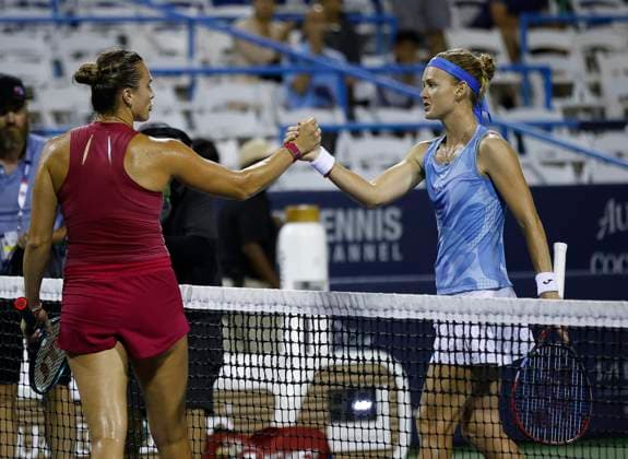 August 3, 2024: Aryna Sabalenka shakes hands with Marie Bouzkova (CZE) over the net during the 2024 Mubadala Citi DC Open tennis tournament being played at Rock Creek Park Tennis Center in Washington, D.C. CSM District Of Columbia United States of America - ZUMAc04_ 20240803_zma_c04_377 Copyright: xJustinxCooperx