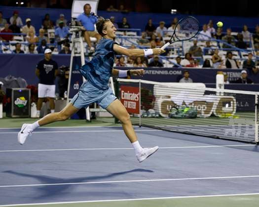 August 3, 2024: Sebastian Korda (USA) hits a shot during the 2024 Mubadala Citi DC Open tennis tournament being played at Rock Creek Park Tennis Center in Washington, D.C. CSM District Of Columbia United States of America - ZUMAc04_ 20240803_zma_c04_389 Copyright: xJustinxCooperx