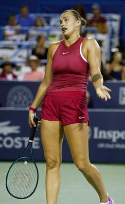 August 3, 2024: Aryna Sabalenka reacts to a point during the 2024 Mubadala Citi DC Open tennis tournament being played at Rock Creek Park Tennis Center in Washington, D.C. CSM District Of Columbia United States of America - ZUMAc04_ 20240803_zma_c04_392 Copyright: xJustinxCooperx