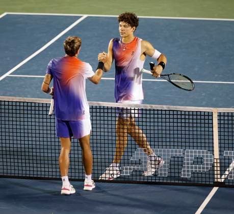 August 3, 2024: Flavio Cobolli (ITA) shakes hands with Ben Shelton (USA) at the net during the 2024 Mubadala Citi DC Open tennis tournament being played at Rock Creek Park Tennis Center in Washington, D.C. CSM District Of Columbia United States of America - ZUMAc04_ 20240803_zma_c04_395 Copyright: xJustinxCooperx