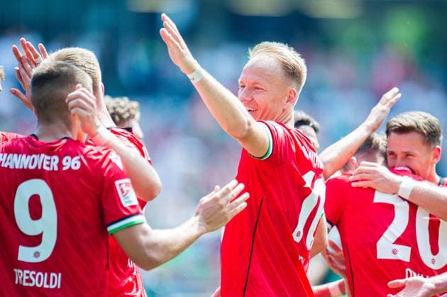 03 08 2024 Soccer, 2024 2025, 2 Bundesliga, 1 Matchday, Hannover 96 SSV Jahn Regensburg M Havard Nielsen Hannover cheers after Jannik Dehms 2-0 goal Hannover DFL REGULATIONS PROHIBIT ANY USE OF PHOTOGRAPHS AS IMAGE SEQUENCES AND OR QUASI VIDEO