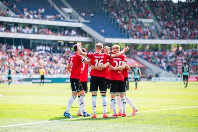 03 08 2024 Soccer, 2024 2025, 2 Bundesliga, 1 Matchday, Hannover 96 SSV Jahn Regensburg 2R Jannik Dehm Hannover celebrates after his goal to 2 0 with L R Fabian Kunze Hannover , Havard Nielsen Hannover , Marcel Halstenberg Hannover , Josh Knight Hannover DFL REGULATIONS PROHIBIT ANY USE OF PHOTOGRAPHS AS IMAGE SEQUENCES AND OR QUASI VIDEO