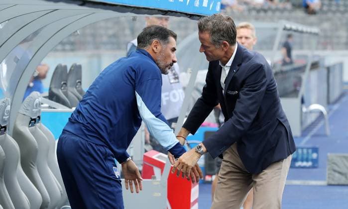 Coach Cristian Fiel, Managing Director Thomas E Herrich Action Upper Body Sports Football Soccer DFL 2 Bundesliga Men 1 Matchday Season 2024 2025 03 08 2024 Hertha BSC Berlin vs SC Paderborn SCP DFL regulations prohibit any use of photographs as image sequences and or quasi video