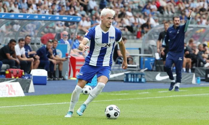Marten Winkler on the ball Single image Crop action Sport Soccer Football DFL 2 Bundesliga Men 1 Matchday Season 2024 2025 03 08 2024 Hertha BSC Berlin vs SC Paderborn SCP DFL regulations prohibit any use of photographs as image sequences and or quasi video