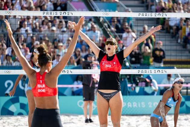 VERGE DEPRE Zoe, BOEBNER Esmee Switzerland vs XUE Chen, XIA Xinyi Peoples Republic of China , in the picture VERGE DEPRE Zoe, BOEBNER Esmee Switzerland cheer about the victory, FRA, Olympic Games Paris 2024, Beach Volleyball, Womens Round of 16, 04 08 2024 FRA, Olympic Games Paris 2024, Beach Volleyball, Womens Round of 16, 04 08 2024 Paris Copyright: xEibner-Pressefoto Memmlerx EP_MMR