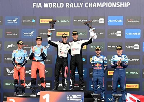 Bilder des Jahres 2024, Sport 08 August Sport Themen der Woche KW31 (L-R) Second placed Hyundai co-driver Martin Wydaeghe and driver Thierry Neuville of Belgium, winners Toyota co-driver Vincent Landais and driver Sebastien Ogier of France and third placed Ford co-driver Alexandre Coria and Adrien Fourmaux of France celebrate on the podium during the fourth day of the WRC, Motorsport Rallye, WM Rally Finland in Jyväskylä, Central Finland, on August 4, 2024. Jyväskylä Finland LKFTJK20240804142853ZOZN  Copyright: xJussixNukarix LKFTJK20240804142853ZOZN