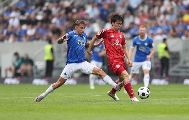 04 08 2024, xdcx, Soccer 2 Bundesliga, SV Darmstadt 98 Fortuna Düsseldorf, emonline, emspor, despor, v l , Luca Marseiler SV Darmstadt 98 , Ao Tanaka Fortuna Düsseldorf DFL DFB REGULATIONS PROHIBIT ANY USE OF PHOTOGRAPHS AS IMAGE SEQUENCES AND OR QUASI VIDEO Copyright: HMBxMedia Claus