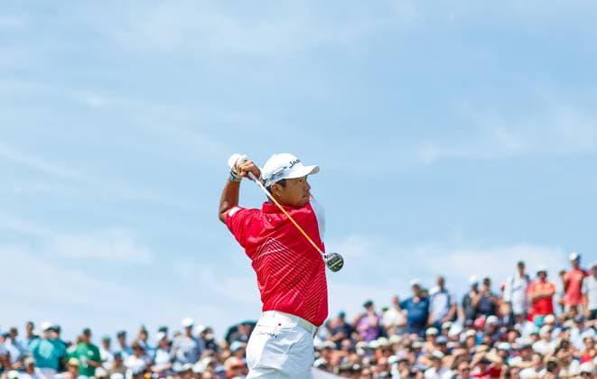 Paris 2024 Olympic Games, Olympische Spiele, Olympia, OS Le Golf National, Paris, France 4 8 2024 Men s Individual Stroke Play Japan™s Hideki Matsuyama takes his tee shot on the 7th hole Hideki Matsuyama takes his tee shot on the 7th hole 4 8 2024  Copyright: x INPHO JamesxCrombiex JRY16036