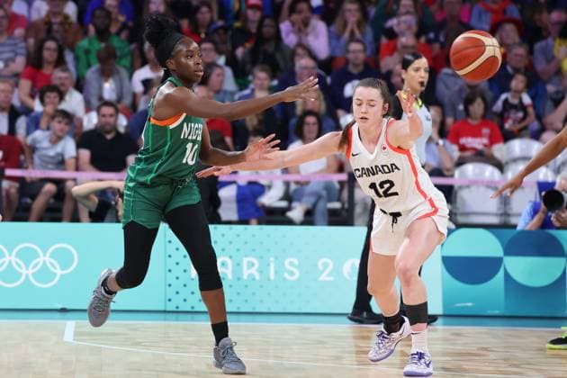 Promise AMUKAMARA (Nigeria) et Syla SWORDS (Canada) Women basketball, Canada vs Nigeria, Women s preliminary round during the Olympic Games, Olympische Spiele, Olympia, OS Paris 2024 - photo Laurent Sanson DPPI Panoramic JO 2024 : BASKET BALL - Canada vs Nigeria - Jeux Olympiques 2024 - Paris2024 - Lille - 04 08 2024 DPPI Panoramic 