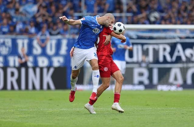 04 08 2024, xdcx, Soccer 2 Bundesliga, SV Darmstadt 98 Fortuna Düsseldorf, emonline, emspor, despor, v l , Aleksandar Vukotic SV Darmstadt 98 , Jona Niemiec Fortuna Düsseldorf DFL DFB REGULATIONS PROHIBIT ANY USE OF PHOTOGRAPHS AS IMAGE SEQUENCES AND OR QUASI VIDEO Copyright: HMBxMedia Claus