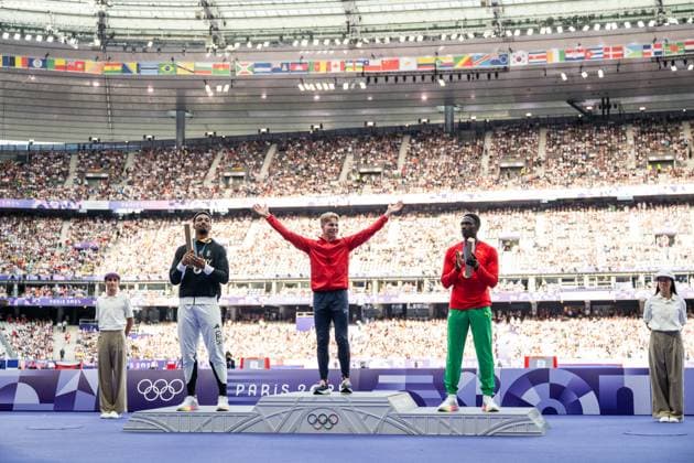 240804 Leo Neugebauer of Germany silver , Markus Rooth of Norway gold and Lindon Victor of Grenada celebrate on the podium at the medal ceremony for men™s athletics decathlon during day 9 of the Paris 2024 Olympic Games on August 4, 2024 in Paris Photo Vegard Grott BILDBYRAN kod VG JM0594 bbeng friidrott athletics friidrett olympic games olympics os ol olympiske leker olympiske leker paris 2024 paris os paris ol os guld jubel os guld 2404 norge norway  Copyright: VEGARDxGRoTT BB240804VG073