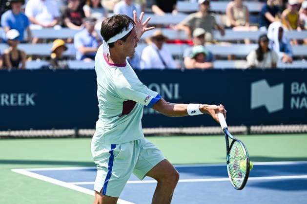 ATP National Bank Open 2024 MONTREAL, QC, CANADA AUGUST 04 Daniel Altmaier GER returns the ball during a qualifying round match at ATP National Bank Open on August 04, 2024 at IGA Stadium in Montreal, QC, Canada Photo by David Kirouac Copyright: xBEAUTIFULxSPORTS Kirouacx