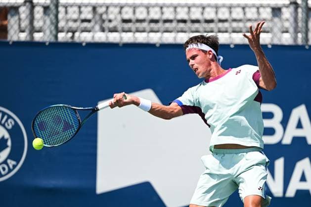 ATP National Bank Open 2024 MONTREAL, QC, CANADA AUGUST 04 Daniel Altmaier GER returns the ball during a qualifying round match at ATP National Bank Open on August 04, 2024 at IGA Stadium in Montreal, QC, Canada Photo by David Kirouac Copyright: xBEAUTIFULxSPORTS Kirouacx