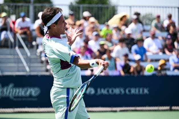 ATP National Bank Open 2024 MONTREAL, QC, CANADA AUGUST 04 Daniel Altmaier GER returns the ball during a qualifying round match at ATP National Bank Open on August 04, 2024 at IGA Stadium in Montreal, QC, Canada Photo by David Kirouac Copyright: xBEAUTIFULxSPORTS Kirouacx