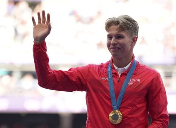 (240804) -- PARIS, Aug. 4, 2024 -- Gold medalist Markus Rooth of Norway reacts during the victory ceremony of the men s decathlon of Athletics at the Paris 2024 Olympic Games, Olympische Spiele, Olympia, OS in Paris, France, Aug. 4, 2024. ) (PARIS2024) FRANCE-PARIS-OLY-ATHLETICS-DECATHLON-MEN SunxFei 