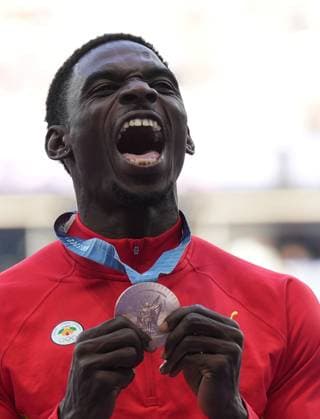 (240804) -- PARIS, Aug. 4, 2024 -- Bronze medalist Lindon Victor of Grenada reacts during the victory ceremony of the men s decathlon of Athletics at the Paris 2024 Olympic Games, Olympische Spiele, Olympia, OS in Paris, France, Aug. 4, 2024. ) (PARIS2024) FRANCE-PARIS-OLY-ATHLETICS-DECATHLON-MEN SunxFei 