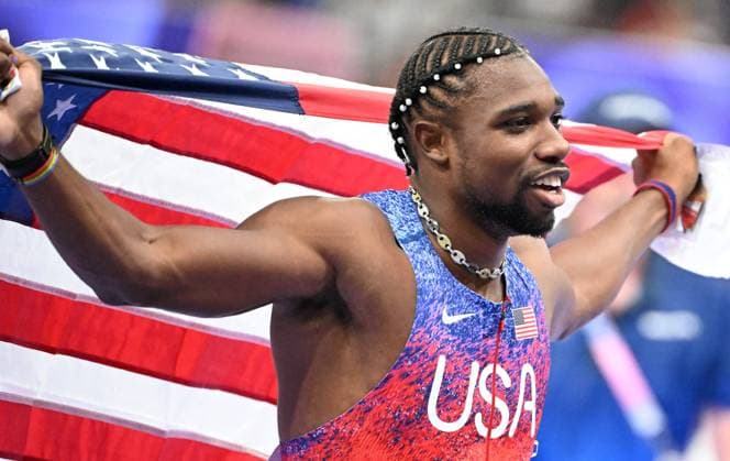 4th August 2024; Paris Olympic Games, Olympische Spiele, Olympia, OS Paris, France, Day 9; Athletics at Stade de France, Men& x2019;s 100m final, LYLES Noah of United States of America celebrates winning the 100m final and becoming Olympic Champion in 9.784 seconds after a photo finish delay and review  ActionPlus12677247 SimonxWest