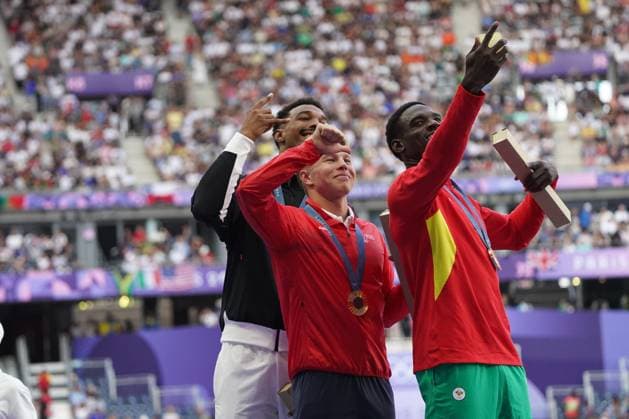 Olympic Games Paris 2024, Olympic Games 2024, 26 07 10 08 2024 , Athletics, Track and Field, Decathlon Award Ceremony, Leo Neugebauer Silver Medal, Markus Rooth, Gold, Victor Linton, Bronze