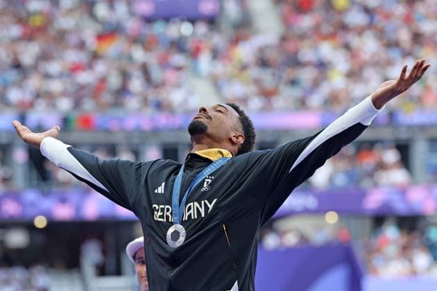 Award ceremony, Silver for Leo Neugebauer GER Decathlon, Athletics, Paris 2024, Olympic Games Paris 2024, Olympic Games 2024, 04 08 2024,